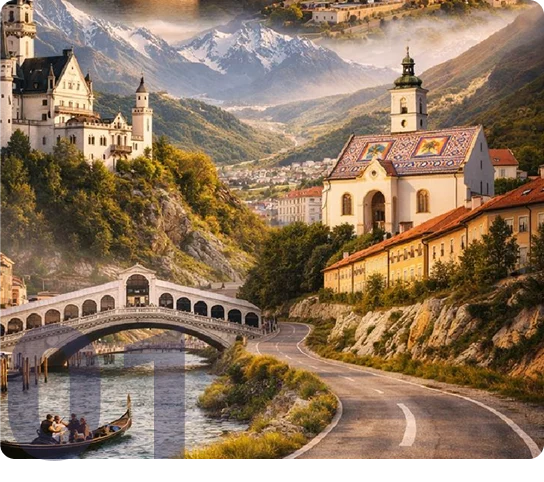 Ilustración de un paisaje de montaña con una iglesia